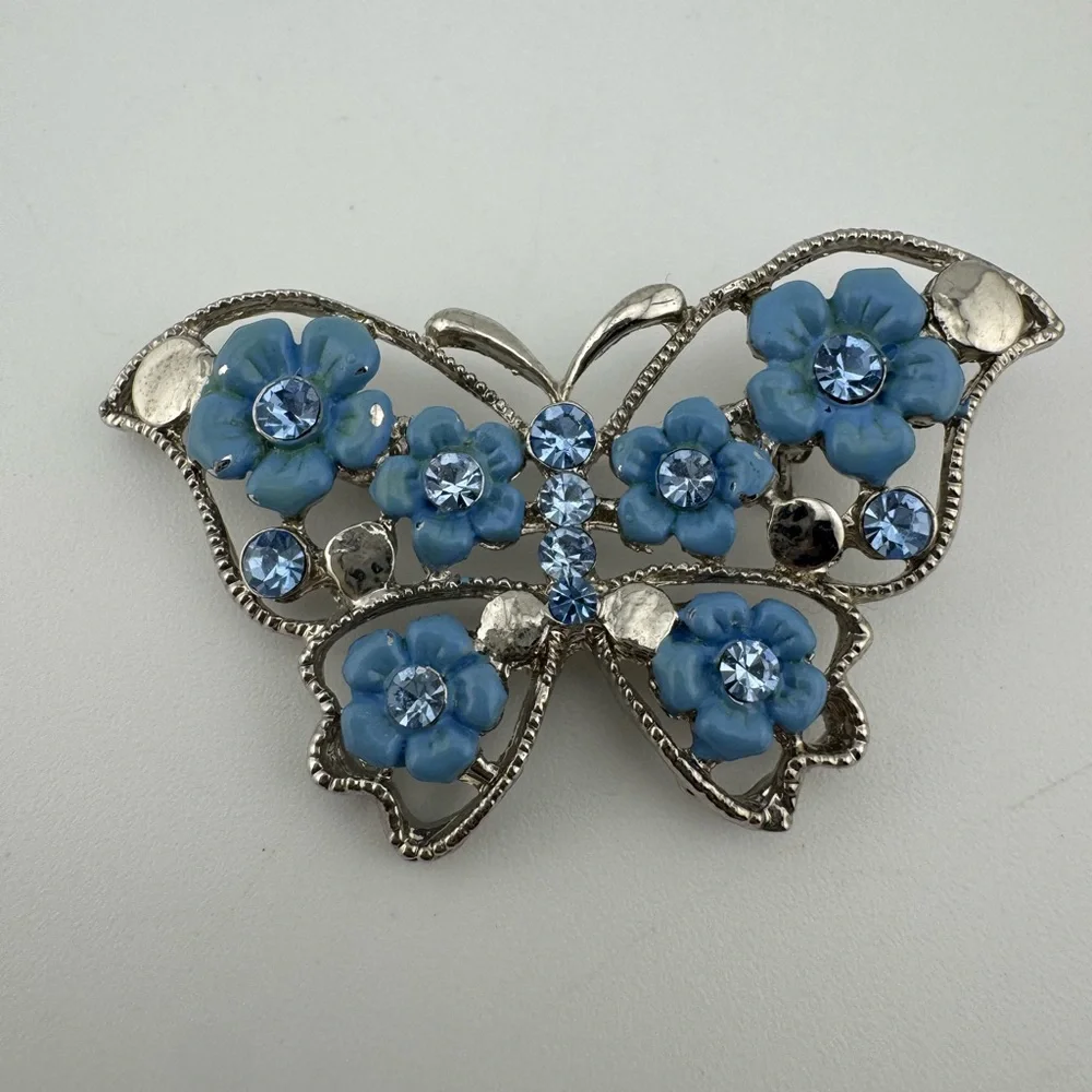 Blue Floral Butterfly‎ Brooch Silver Toned